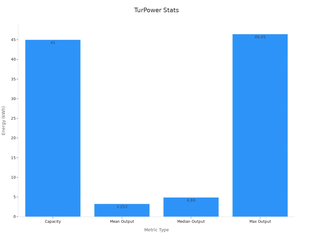 A bar chart showing TurPower energy metrics with capacity and daily outputs